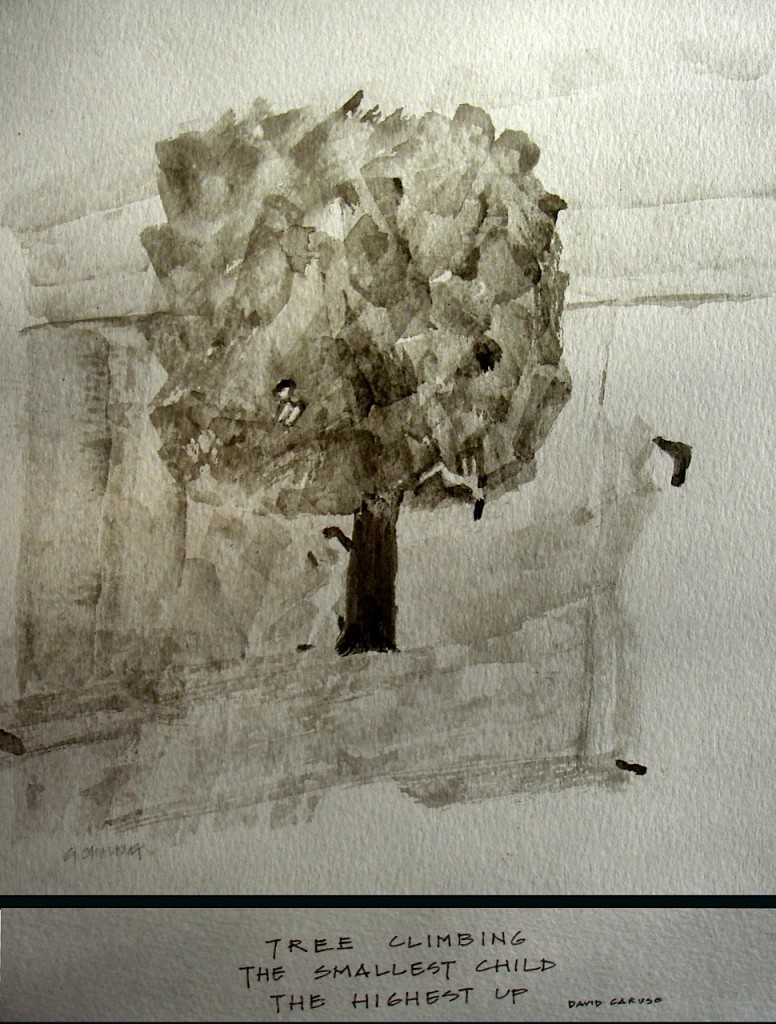 Tree climbing: haiga by  Geoffrey Chalkley, haiku by David Caruso